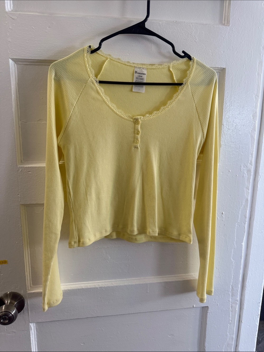 No Boundaries Pale Yellow Ribbed Lace-Trim Henley Long-Sleeve Top